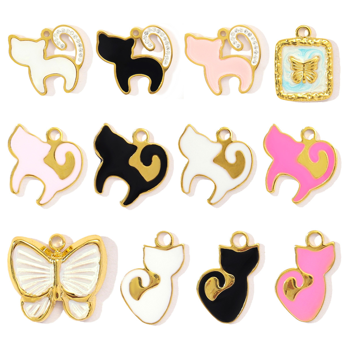 6pcs/pack Stainless Steel Little Cat Kitten DIY Bracelet Charms Women Enamel Butterfly Necklace Pendant Warm Colorful Jewelry
