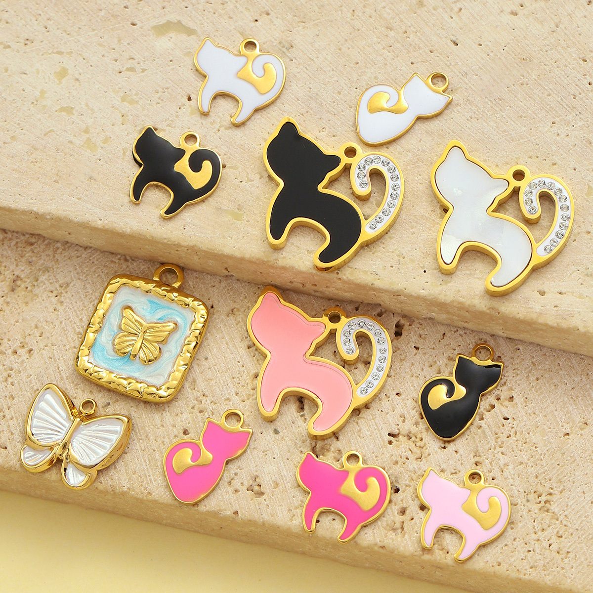 6pcs/pack Stainless Steel Little Cat Kitten DIY Bracelet Charms Women Enamel Butterfly Necklace Pendant Warm Colorful Jewelry