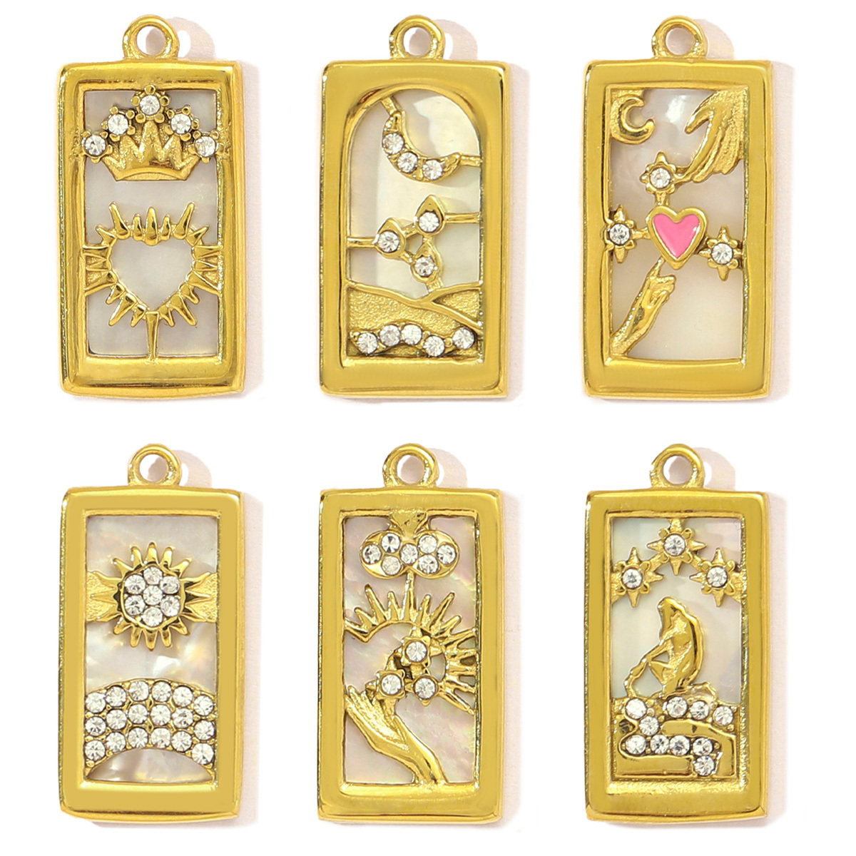 6pcs/pack Stainless Steel Shell Tarot Card DIY Charms Women Enamel Crown Heart Sun Necklace Pendant Crescent Moon Star Jewelry