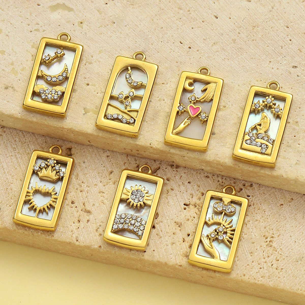 6pcs/pack Stainless Steel Shell Tarot Card DIY Charms Women Enamel Crown Heart Sun Necklace Pendant Crescent Moon Star Jewelry