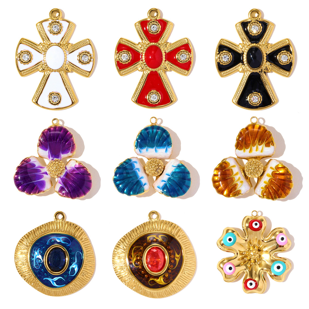 6pcs/pack Stainless Steel Rhinestone Cross Flower Necklace Pendant Enamel Evil Eye DIY Earring Charm Women Geometric Jewelry Wholesale
