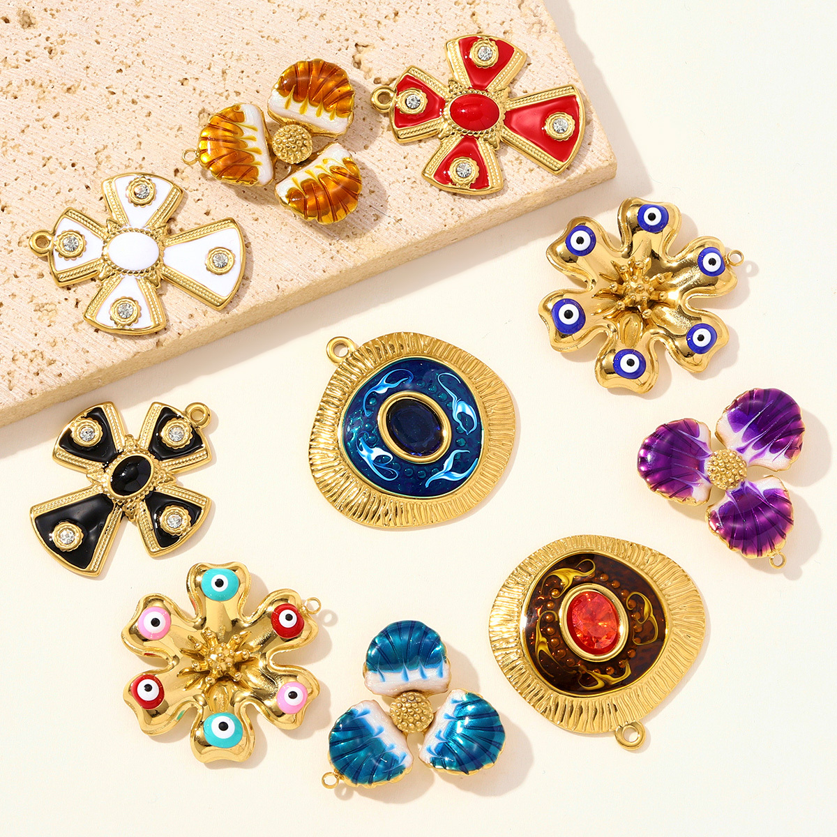 6pcs/pack Stainless Steel Rhinestone Cross Flower Necklace Pendant Enamel Evil Eye DIY Earring Charm Women Geometric Jewelry Wholesale