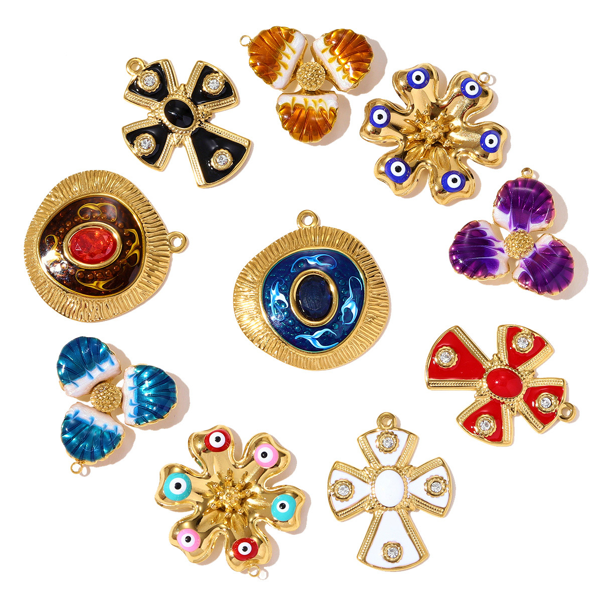 6pcs/pack Stainless Steel Rhinestone Cross Flower Necklace Pendant Enamel Evil Eye DIY Earring Charm Women Geometric Jewelry Wholesale