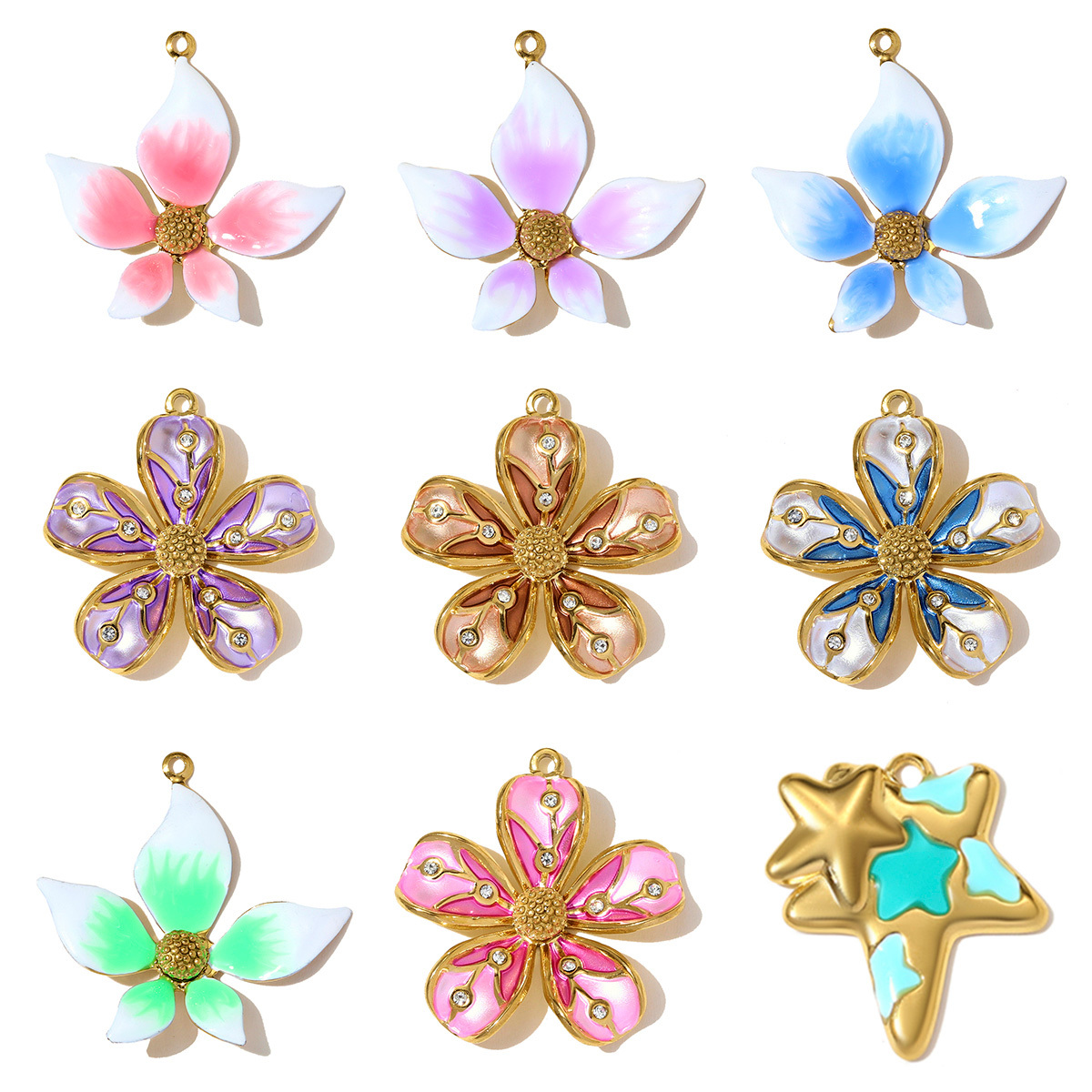 6pcs/pack Stainless Steel Gradient color Roselle Necklace Pendant Rhinestone Flower DIY Earring Charm Women Star Jewelry Wholesale