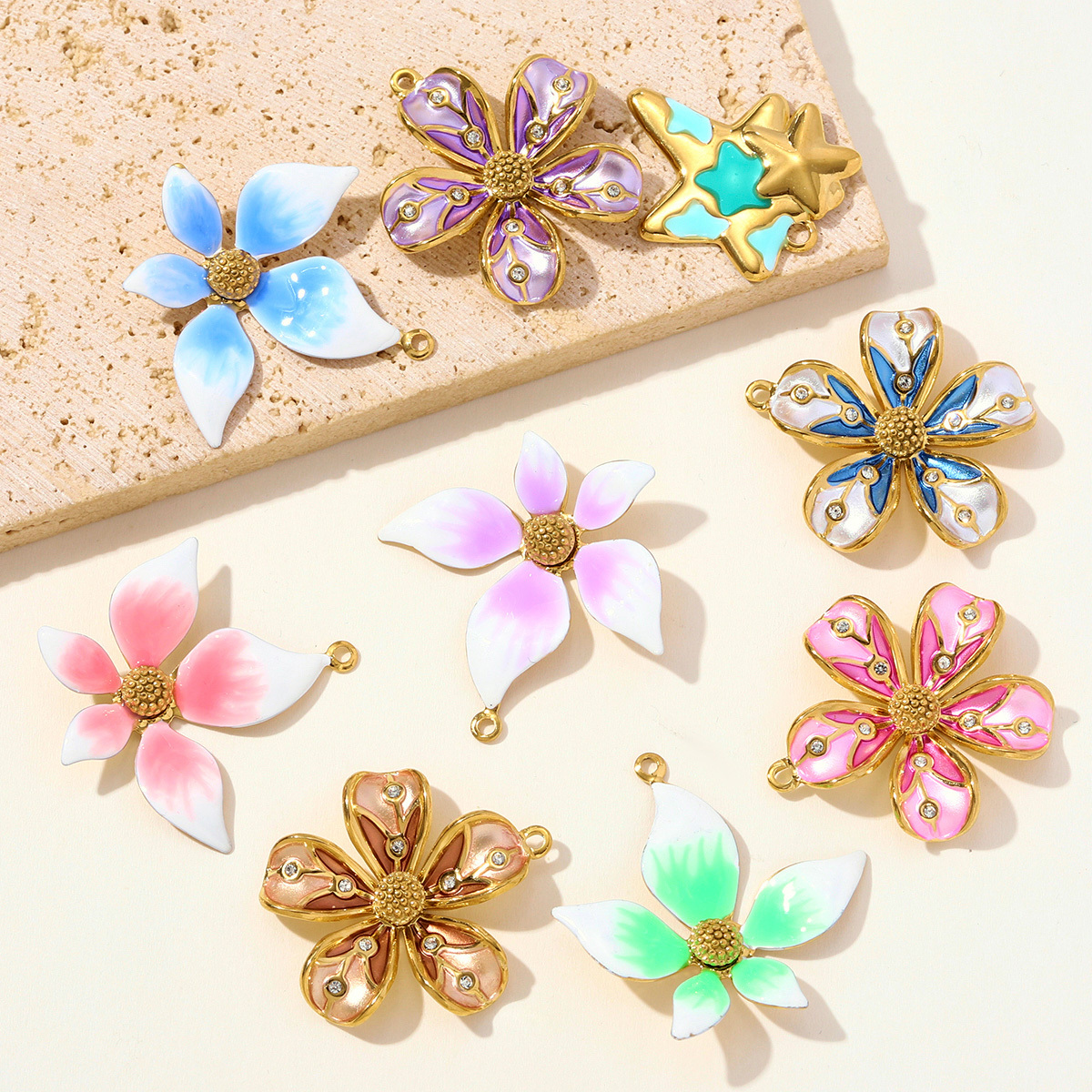 6pcs/pack Stainless Steel Gradient color Roselle Necklace Pendant Rhinestone Flower DIY Earring Charm Women Star Jewelry Wholesale