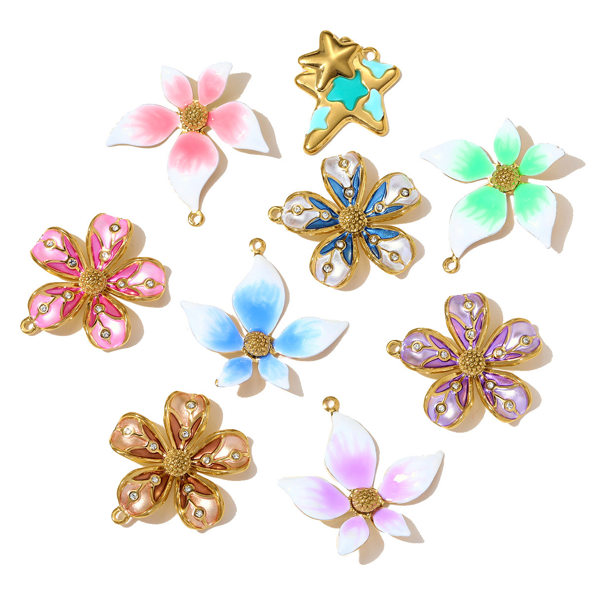 6pcs/pack Stainless Steel Gradient color Roselle Necklace Pendant Rhinestone Flower DIY Earring Charm Women Star Jewelry Wholesale
