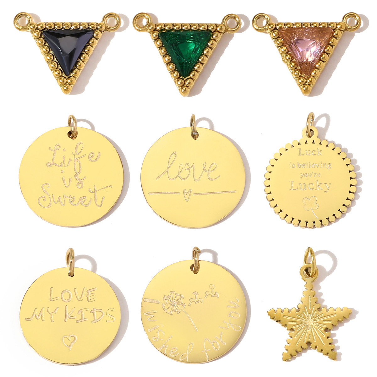 6pcs/pack Stainless Steel Triangle Zircon Necklace Pendants Life Sweet Love DIY Disc Charm Women Star Luck Clover Jewelry Wholesale