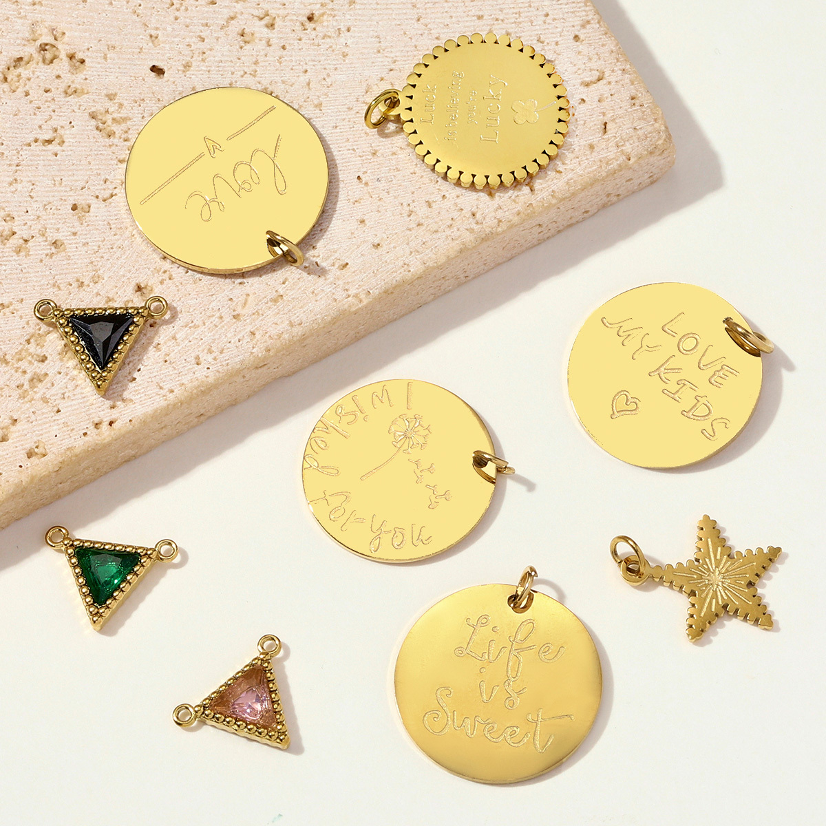 6pcs/pack Stainless Steel Triangle Zircon Necklace Pendants Life Sweet Love DIY Disc Charm Women Star Luck Clover Jewelry Wholesale