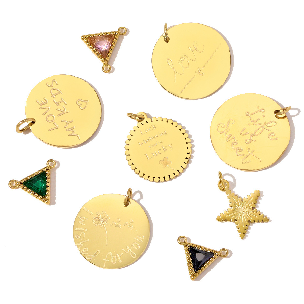 6pcs/pack Stainless Steel Triangle Zircon Necklace Pendants Life Sweet Love DIY Disc Charm Women Star Luck Clover Jewelry Wholesale