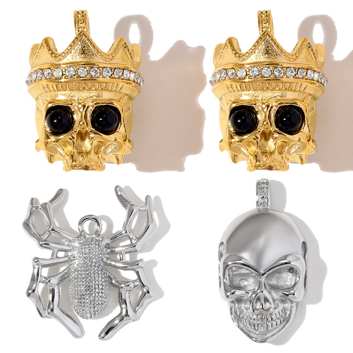 6pcs/pack Stainless Steel Rhinestone Death's Head Necklace Pendants Big Size Spider DIY Charms Women Skull Crown Jewelry Wholesale