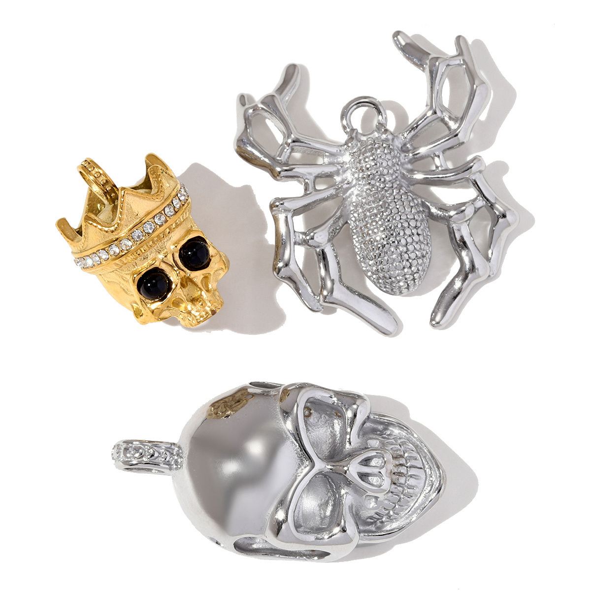 6pcs/pack Stainless Steel Rhinestone Death's Head Necklace Pendants Big Size Spider DIY Charms Women Skull Crown Jewelry Wholesale