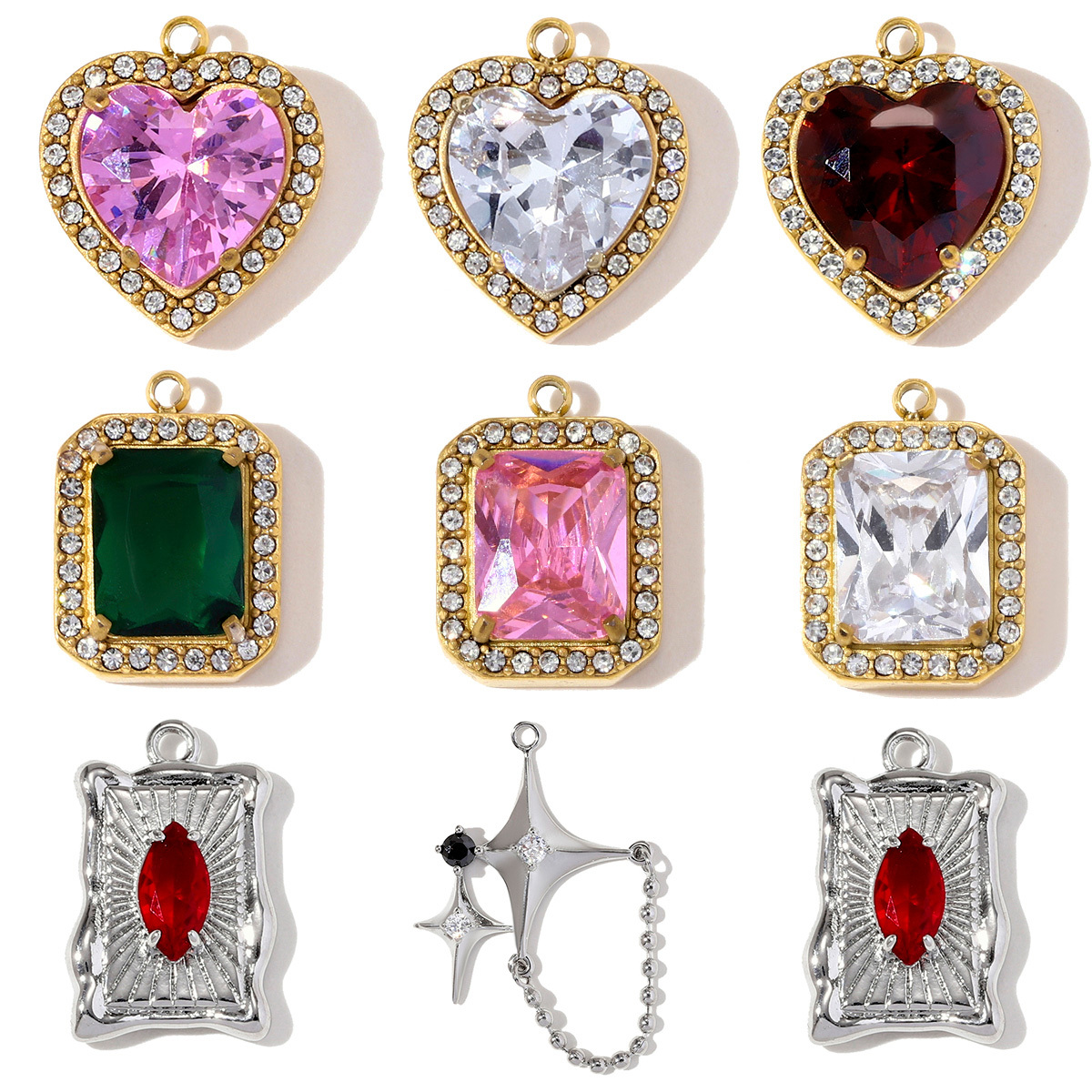 6pcs/pack Fashion Stainless Steel Square Star DIY Charms Heart Oval Zircon Necklace Pendant Women Love Rhinestone Jewelry Wholesale