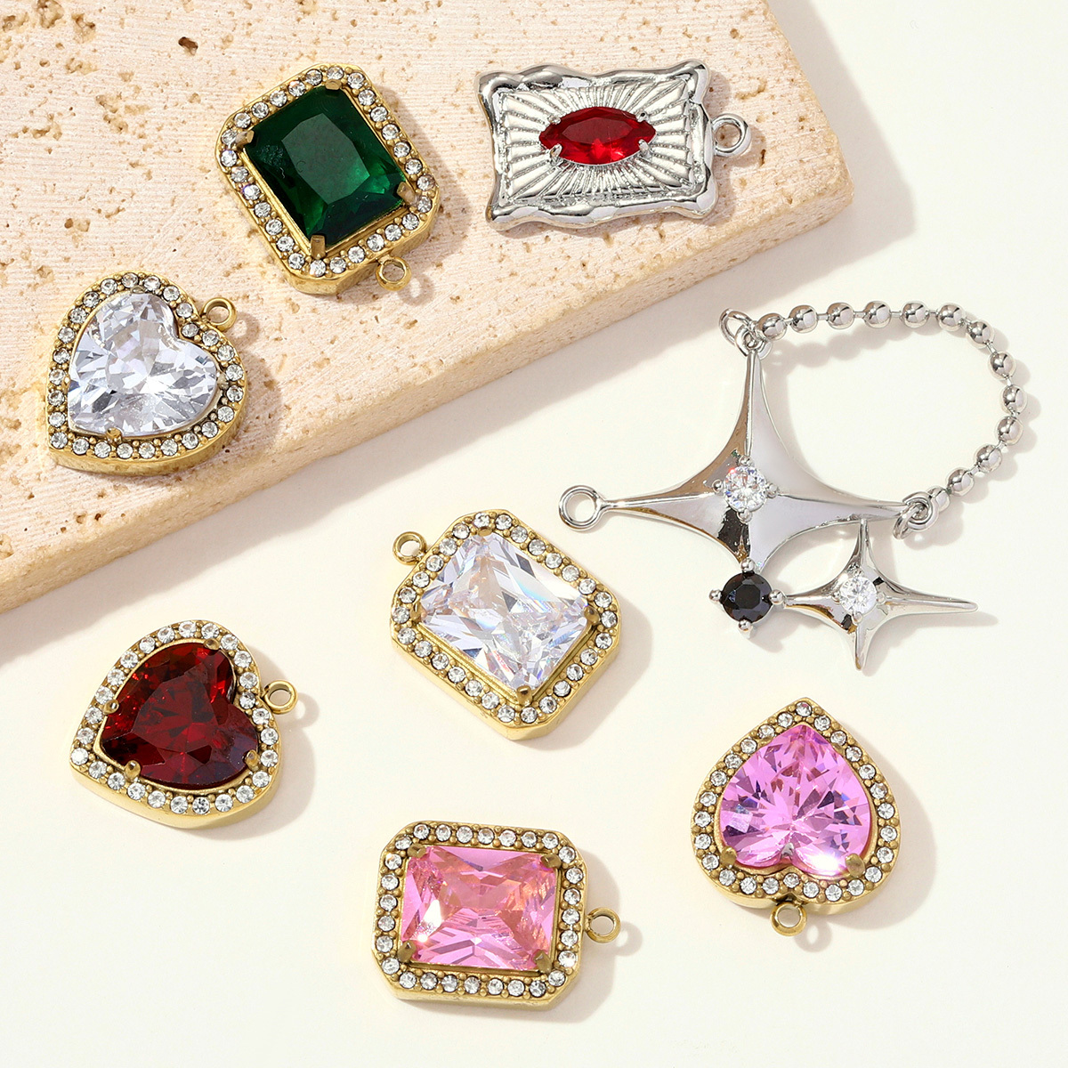 6pcs/pack Fashion Stainless Steel Square Star DIY Charms Heart Oval Zircon Necklace Pendant Women Love Rhinestone Jewelry Wholesale