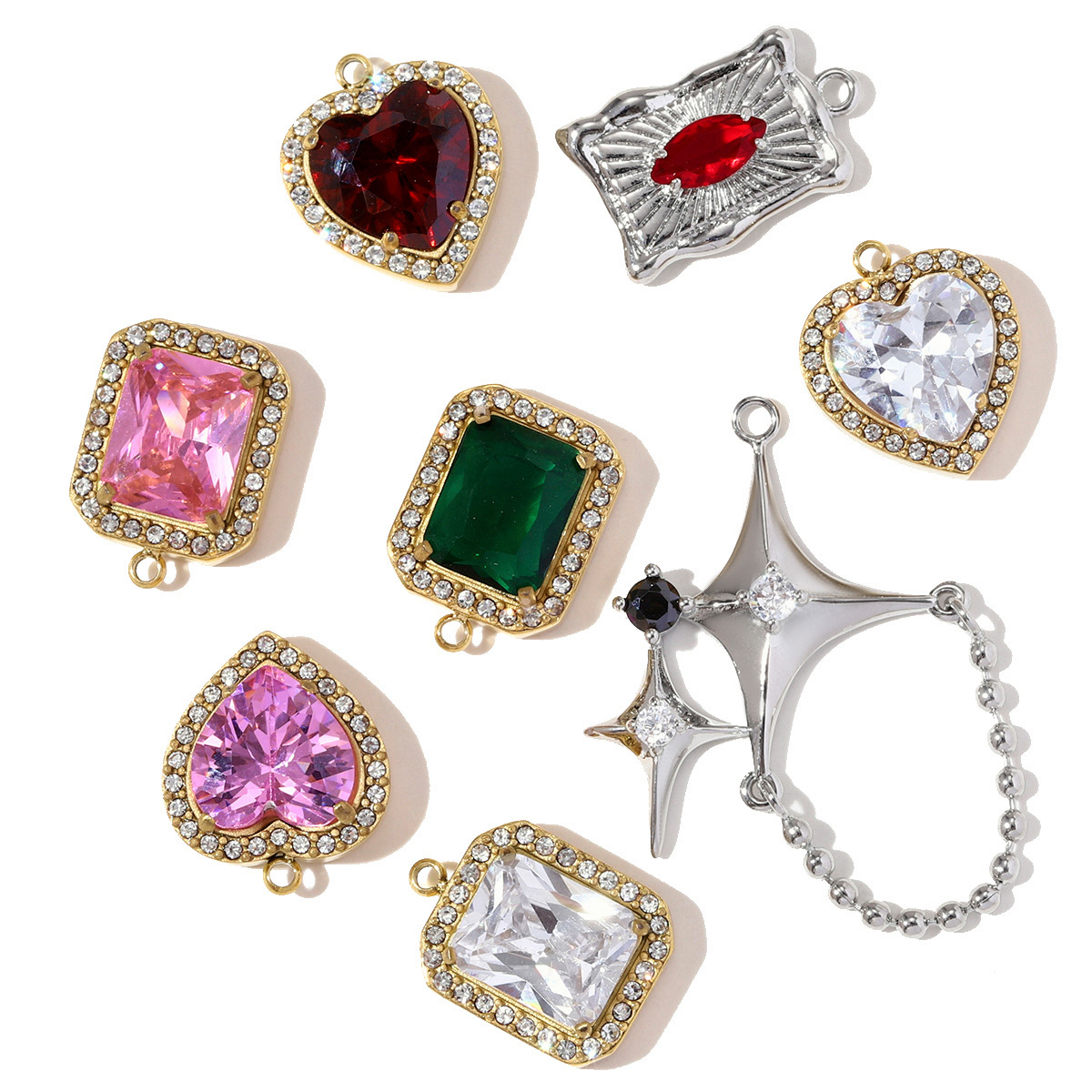 6pcs/pack Fashion Stainless Steel Square Star DIY Charms Heart Oval Zircon Necklace Pendant Women Love Rhinestone Jewelry Wholesale