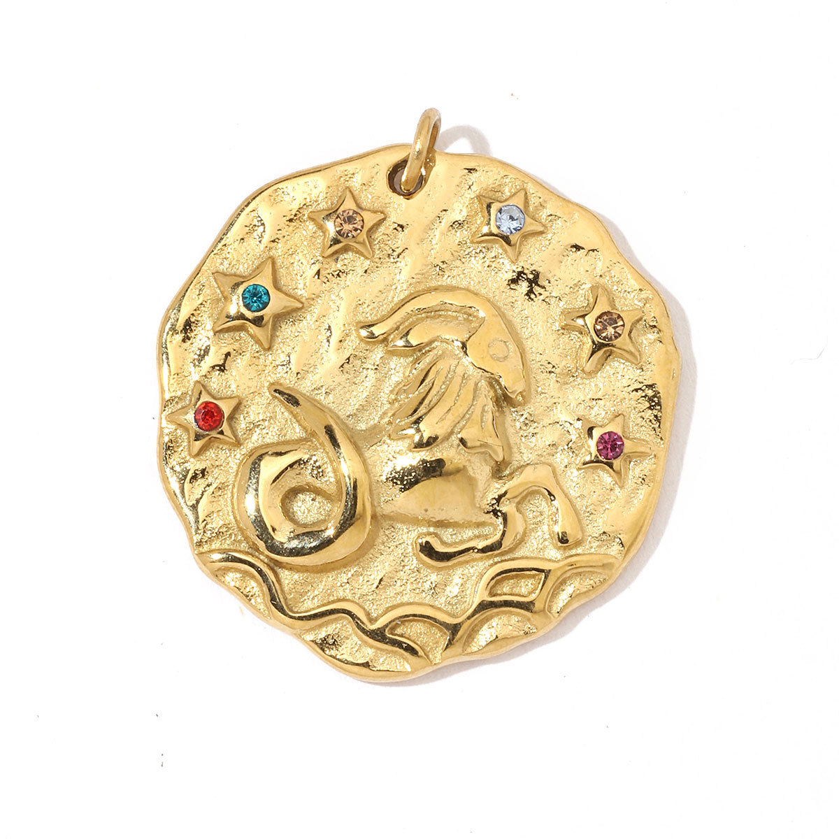 6pcs/pack Stainless Steel French Retro Rainbow Stone Zodiac Charms Constellation Coin Necklace DIY Small Pendant
