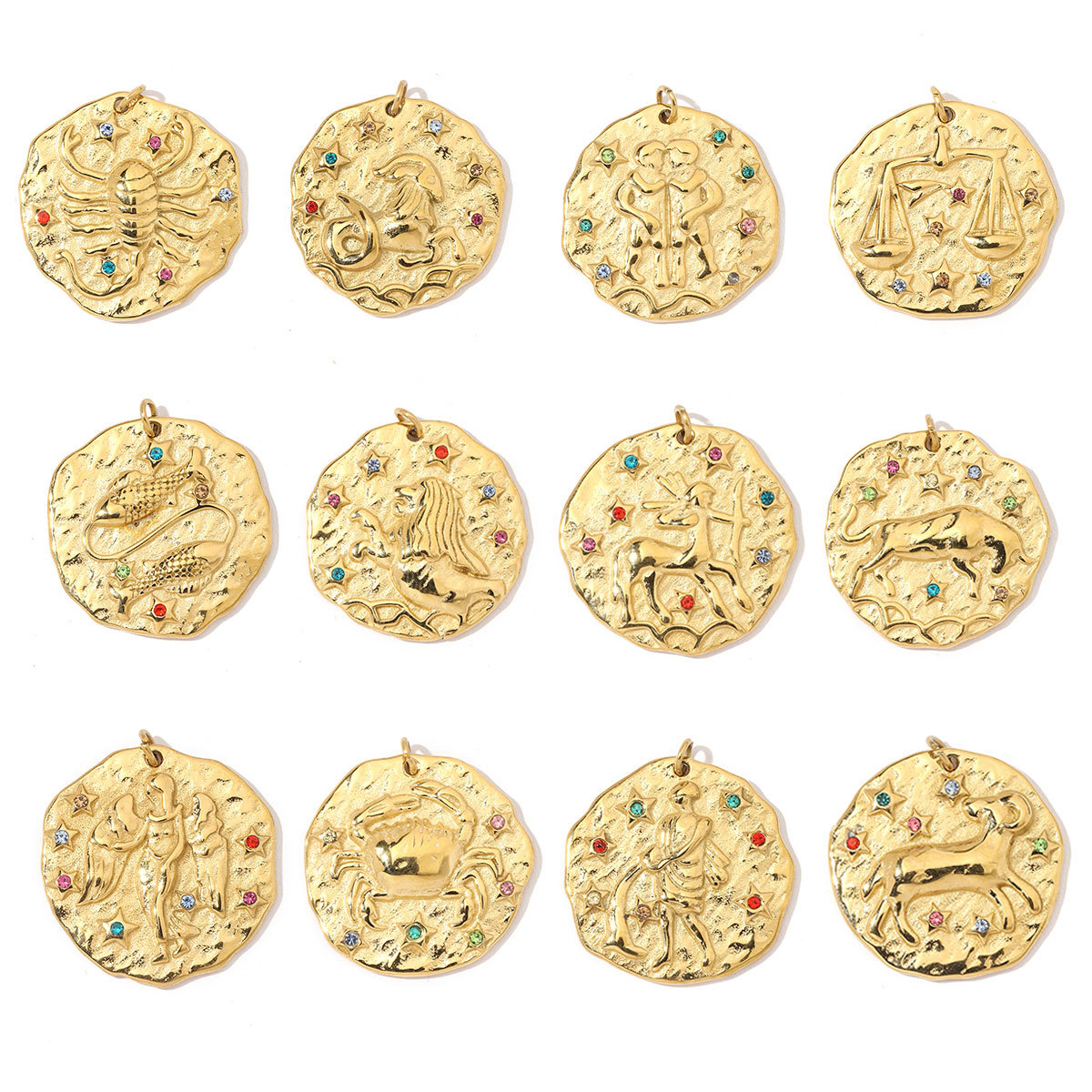 6pcs/pack Stainless Steel French Retro Rainbow Stone Zodiac Charms Constellation Coin Necklace DIY Small Pendant