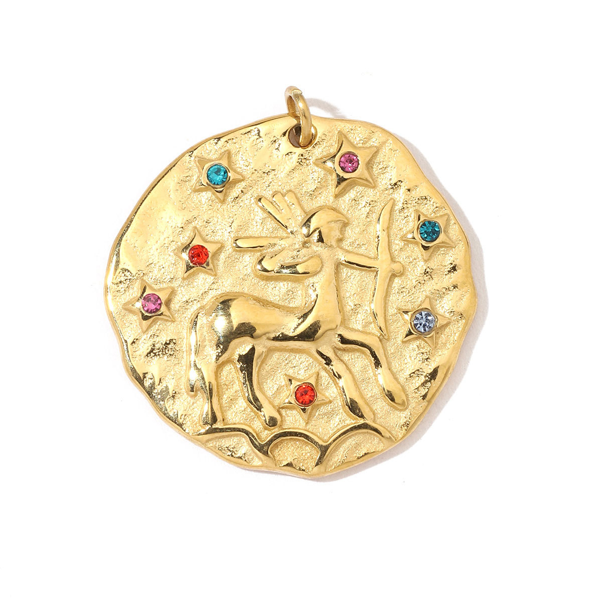 6pcs/pack Stainless Steel French Retro Rainbow Stone Zodiac Charms Constellation Coin Necklace DIY Small Pendant