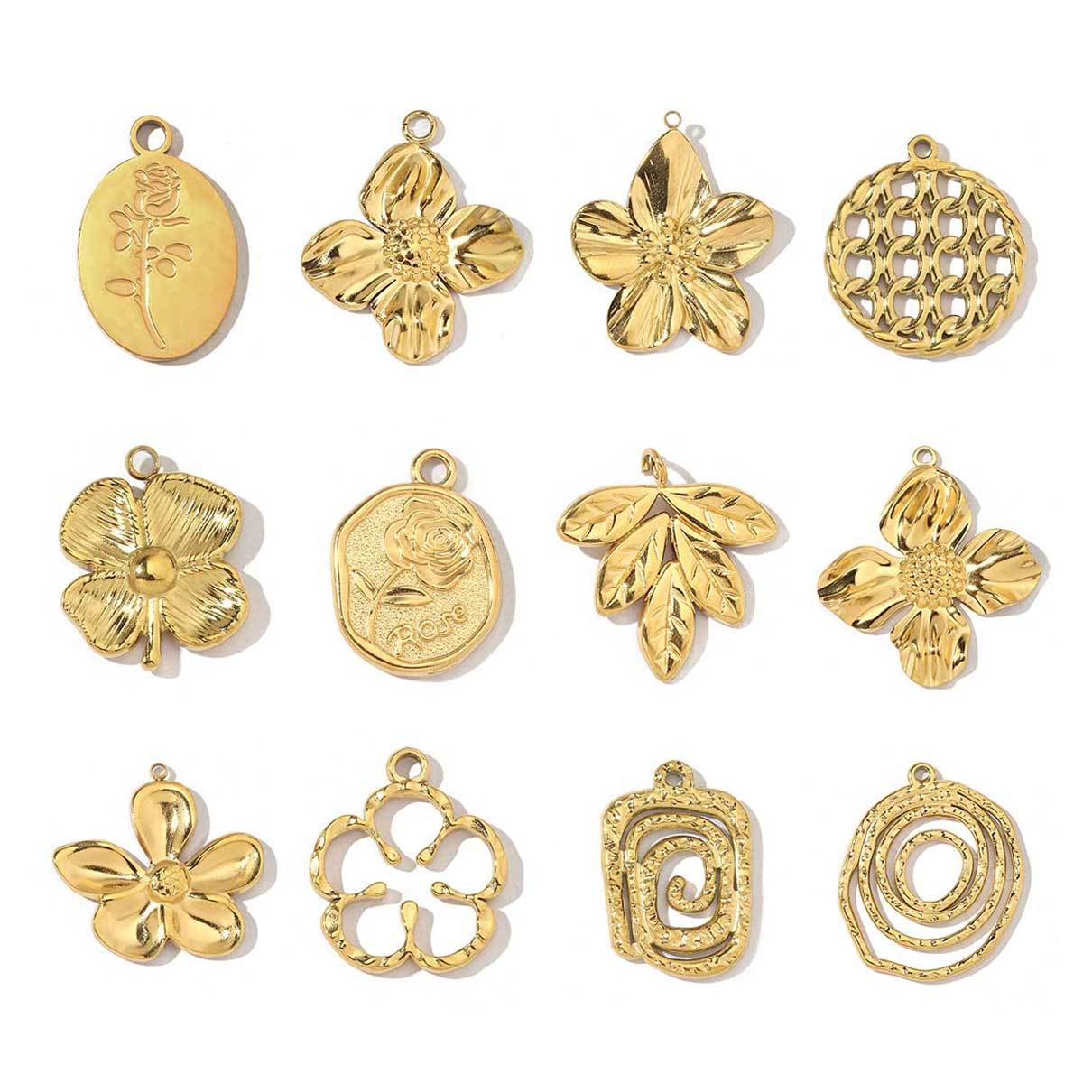 6pcs/pack Trendy Stainless Steel Camellia Clover Rose Leaf Flower Charms Geometric Swirl Necklace DIY Small Pendant Wholesale