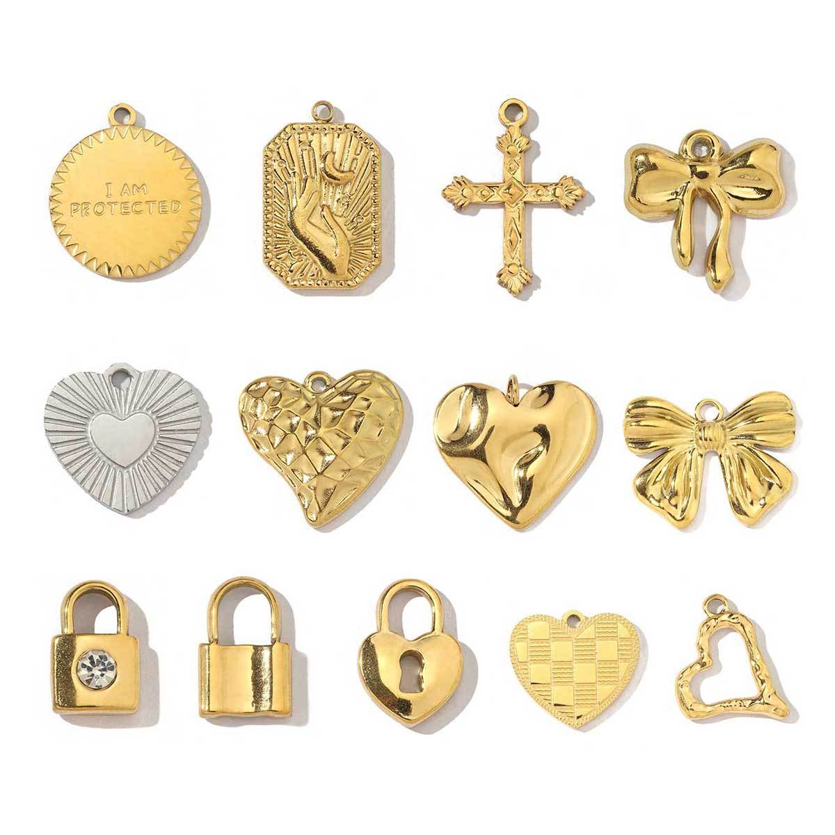 6pcs/pack Fashion Stainless Steel Holding the Moon in Hand Cross Lock Charms Bowknot Heart Necklace DIY Small Pendant Wholesale