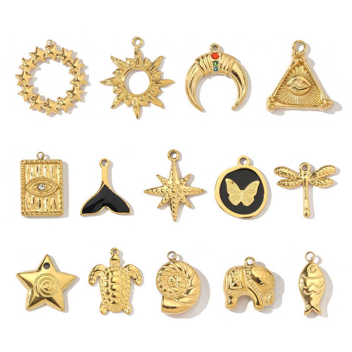 6pcs/pack Fashion Stainless Steel Star Sun Moon Eye Charms Conch Turtle Fish Tail Dragonfly Necklace DIY Small Pendant Wholesale