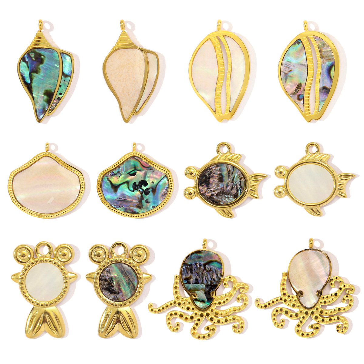 6pcs/pack French Stainless Steel Abalone Shell Conch DIY Charms Women Goldfish Octopus Necklace Pendant Sea Animal Jewelry