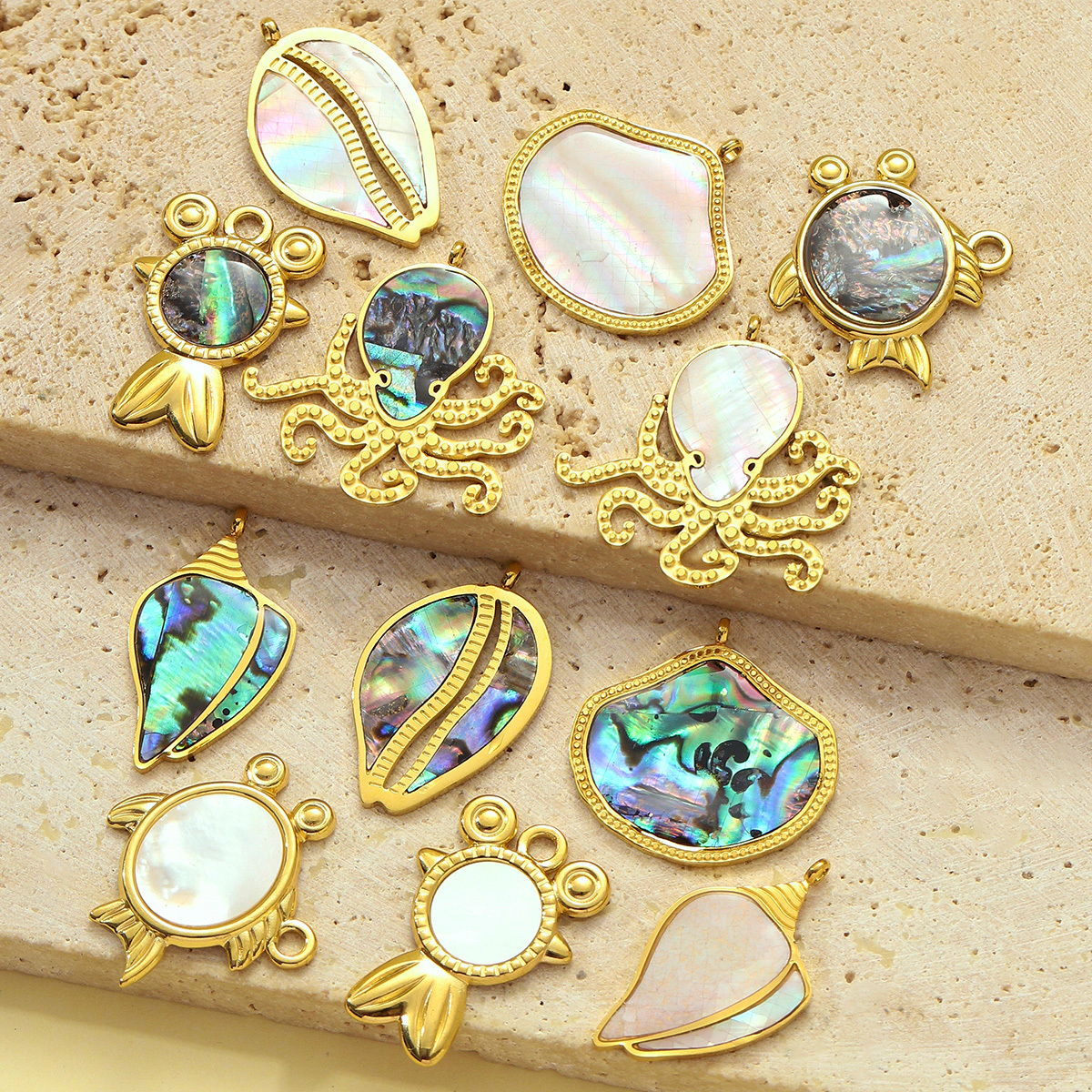 6pcs/pack French Stainless Steel Abalone Shell Conch DIY Charms Women Goldfish Octopus Necklace Pendant Sea Animal Jewelry