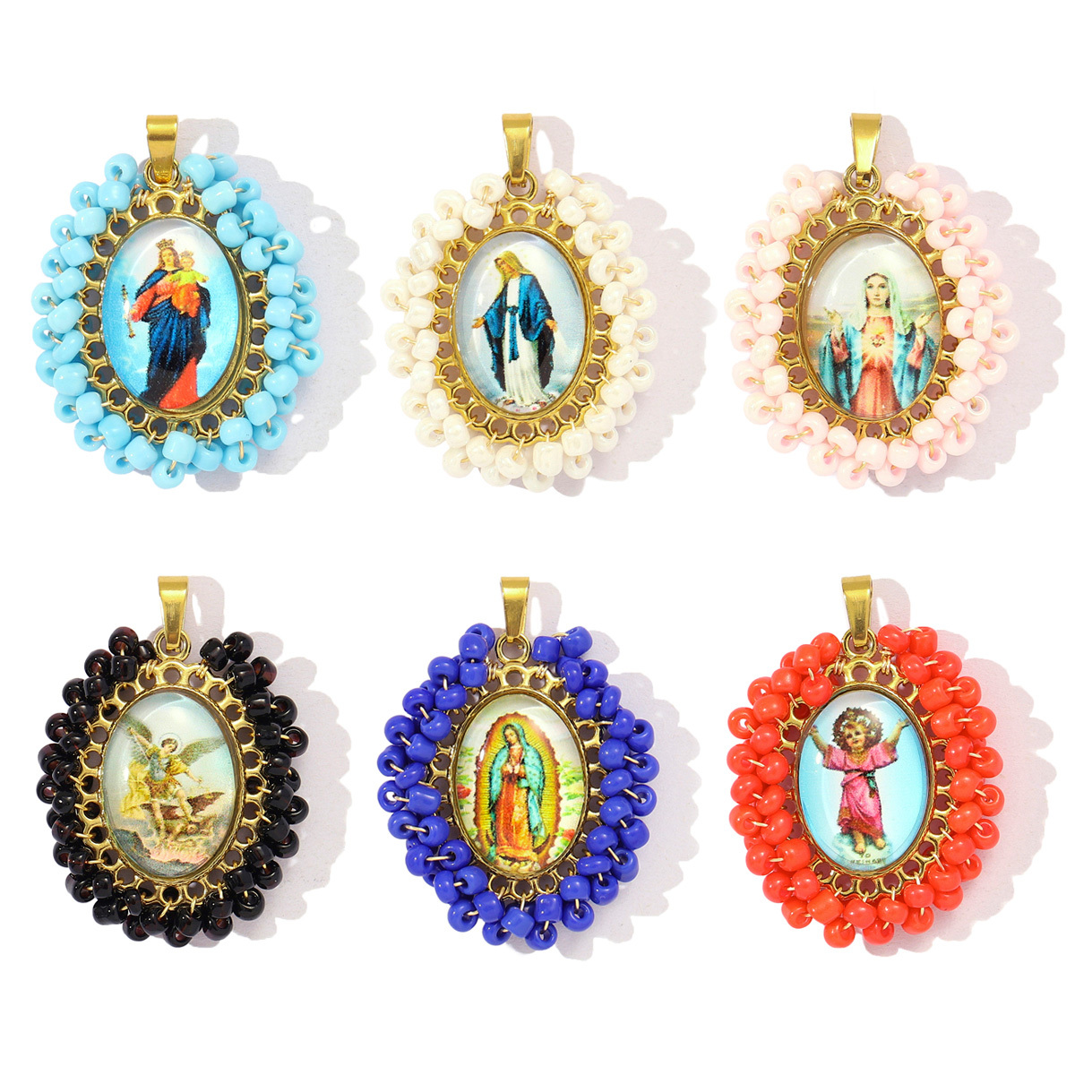 6pcs/pack French Stainless Steel Braid Seed Beads Handmaking DIY Charms Women Virgin Mary Necklace Pendant Holy Mother Jewelry