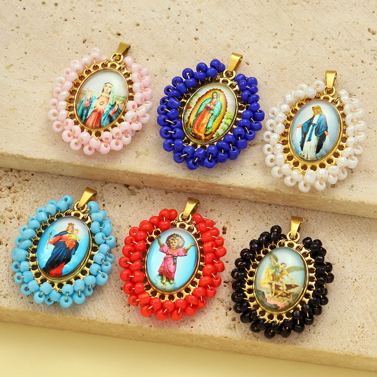 6pcs/pack French Stainless Steel Braid Seed Beads Handmaking DIY Charms Women Virgin Mary Necklace Pendant Holy Mother Jewelry