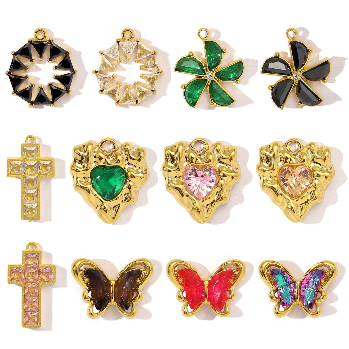 6pcs/pack Stainless Steel Cubic Zircon Butterfly Flower DIY Bracelet Charms Women Cross Heart Love Necklace Pendant Windmill Jewelry
