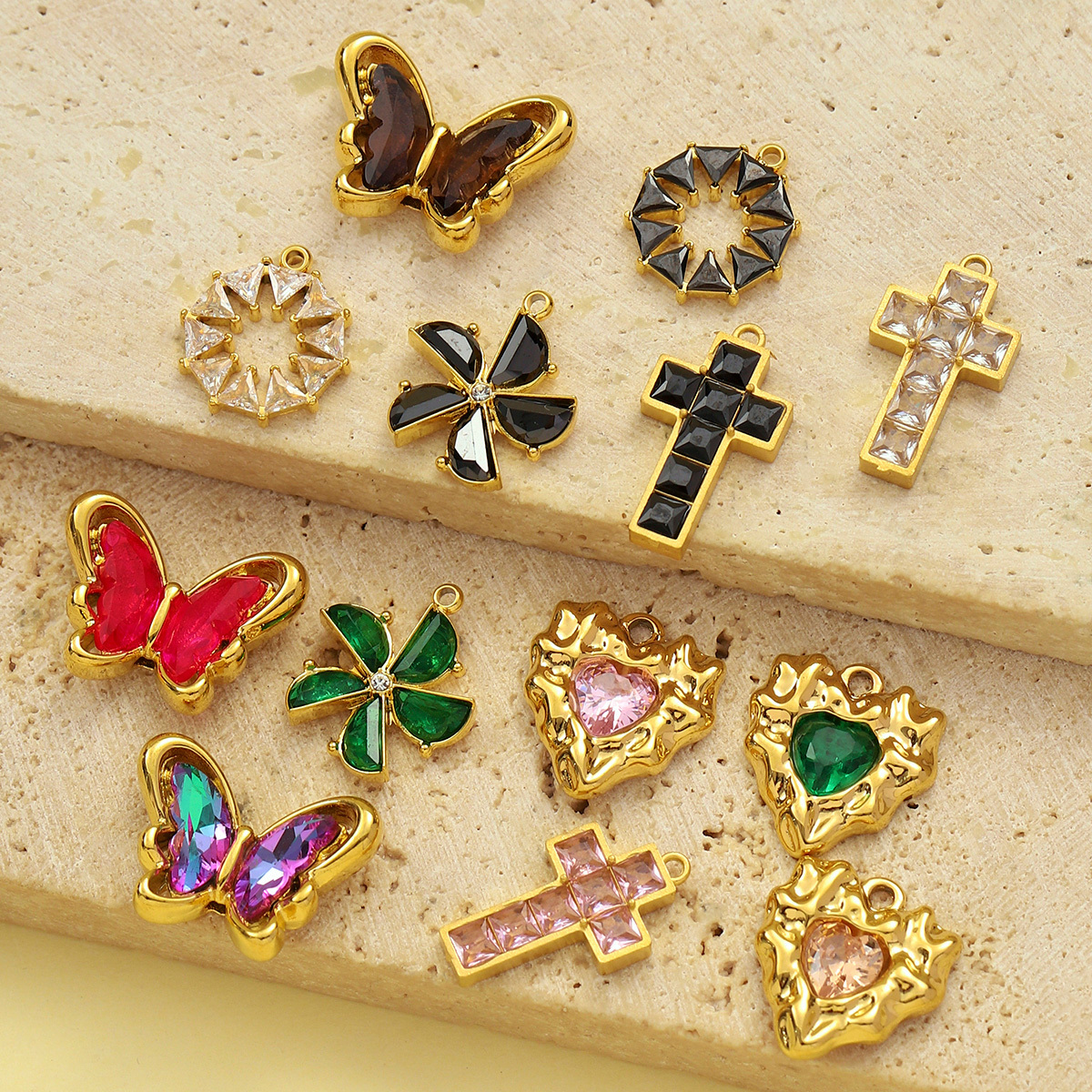 6pcs/pack Stainless Steel Cubic Zircon Butterfly Flower DIY Bracelet Charms Women Cross Heart Love Necklace Pendant Windmill Jewelry