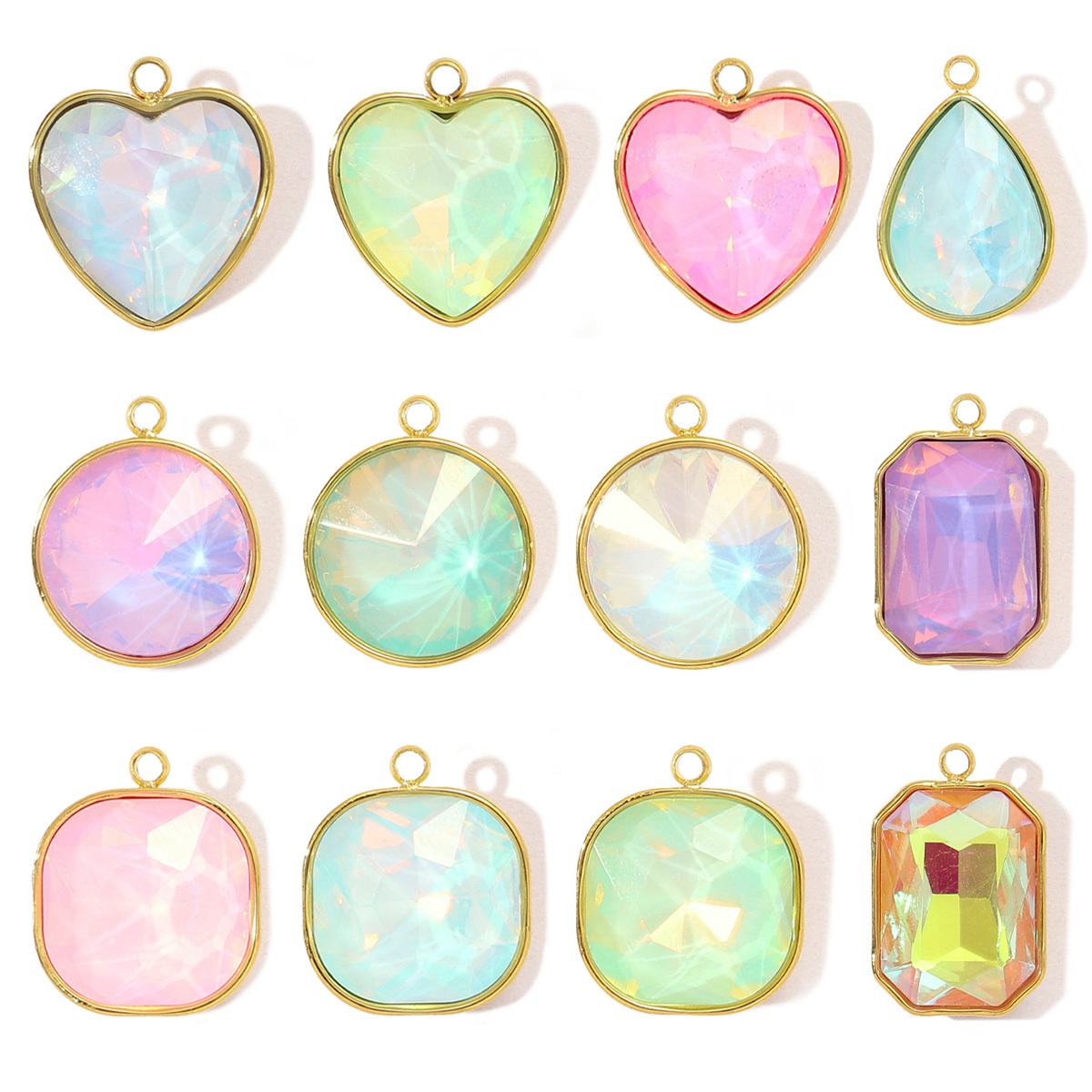 6pcs/pack Trendy Stainless Steel Gradient Glass Round DIY Charms Women Colorful Square Waterdrop Necklace Pendant Heart Jewelry