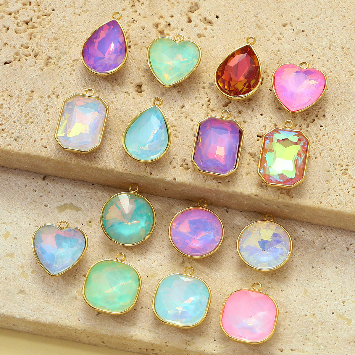 6pcs/pack Trendy Stainless Steel Gradient Glass Round DIY Charms Women Colorful Square Waterdrop Necklace Pendant Heart Jewelry