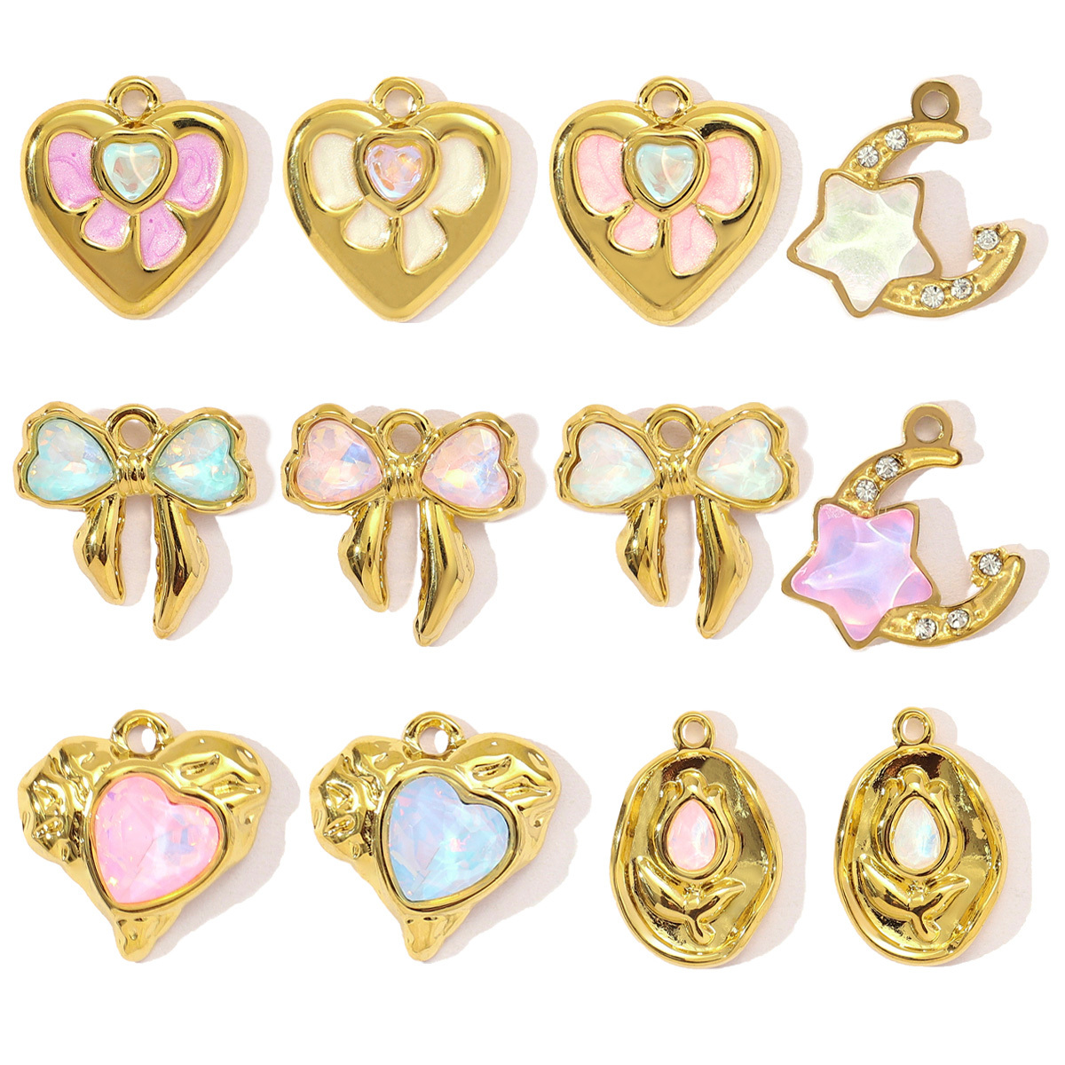 6pcs/pack French Stainless Steel Rhinestone Love Heart Butterfly DIY Charms Women Crescent Moon Star Necklace Pendant Bowknot Jewelry