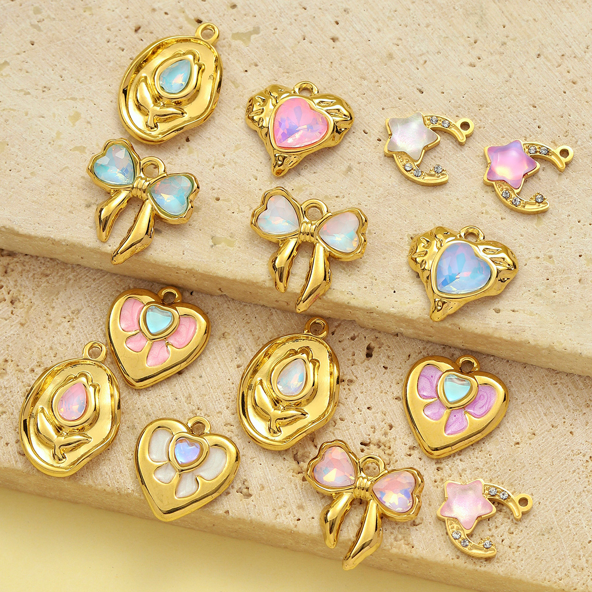 6pcs/pack French Stainless Steel Rhinestone Love Heart Butterfly DIY Charms Women Crescent Moon Star Necklace Pendant Bowknot Jewelry