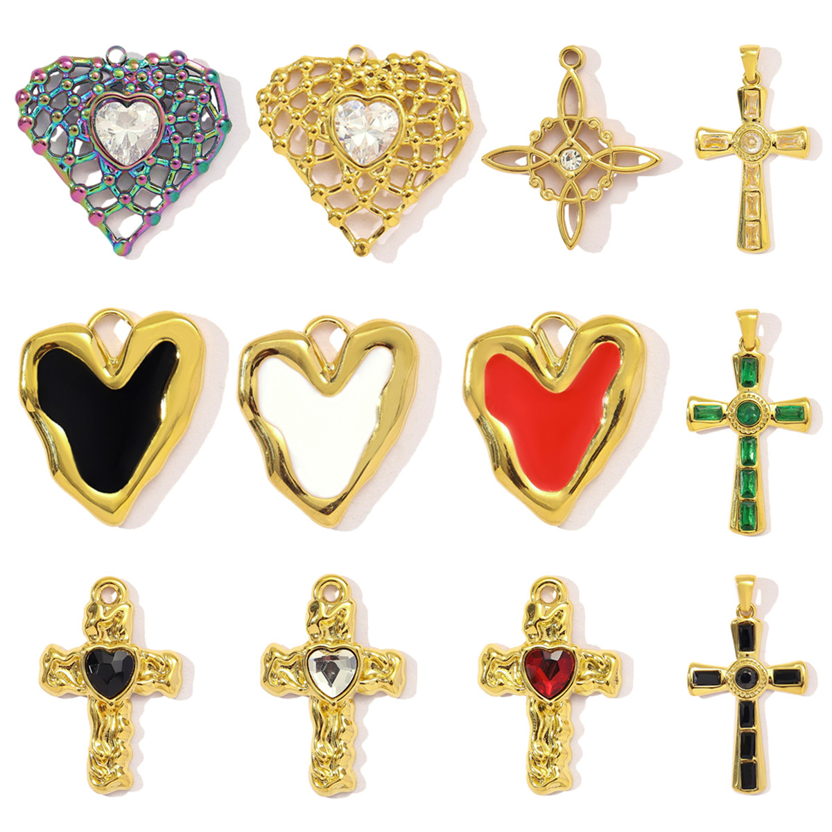 6pcs/pack French Retro Stainless Steel Enamel Love Heart Necklace Pendant Women Rhinestone Cross Heart DIY Charms Star Jewelry