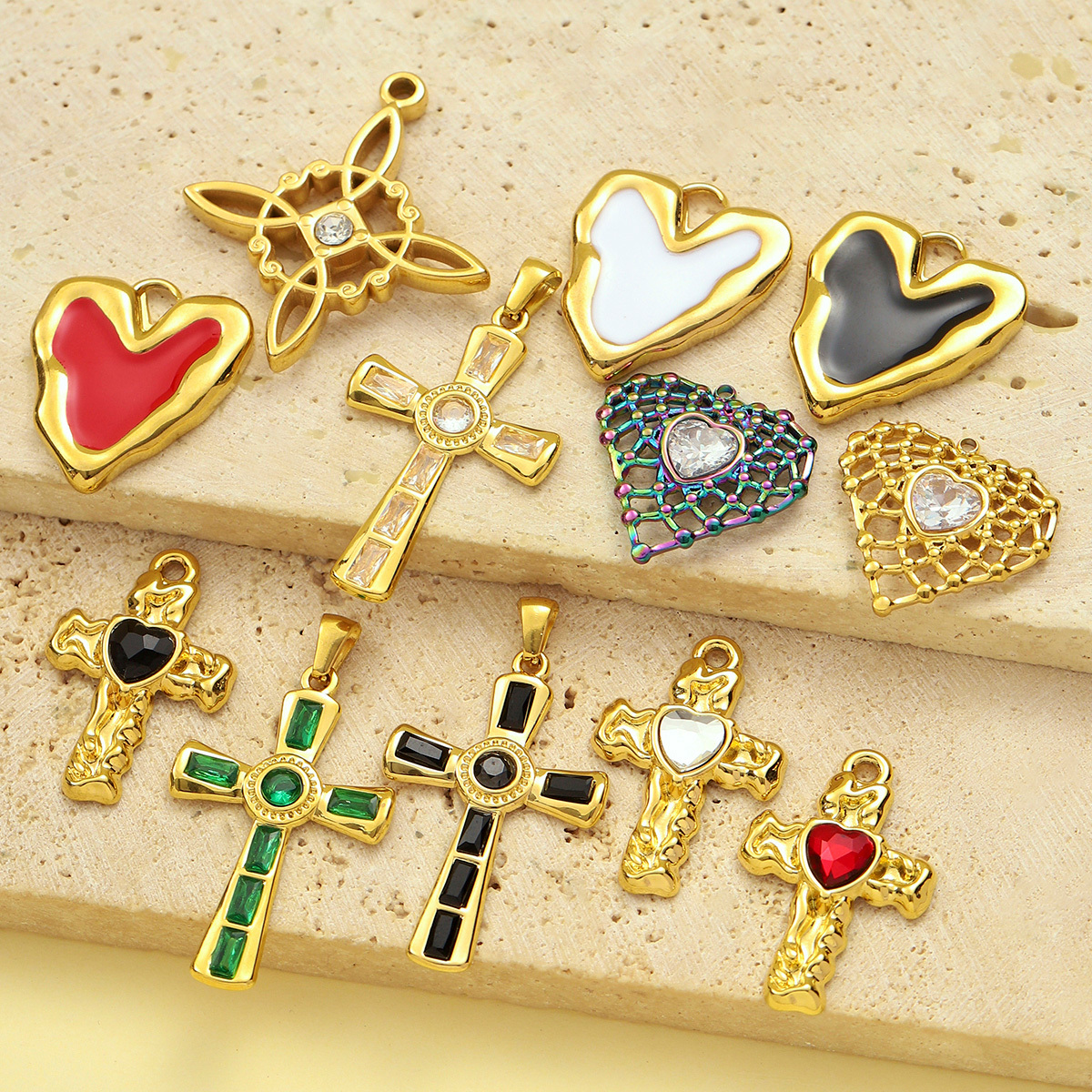 6pcs/pack French Retro Stainless Steel Enamel Love Heart Necklace Pendant Women Rhinestone Cross Heart DIY Charms Star Jewelry