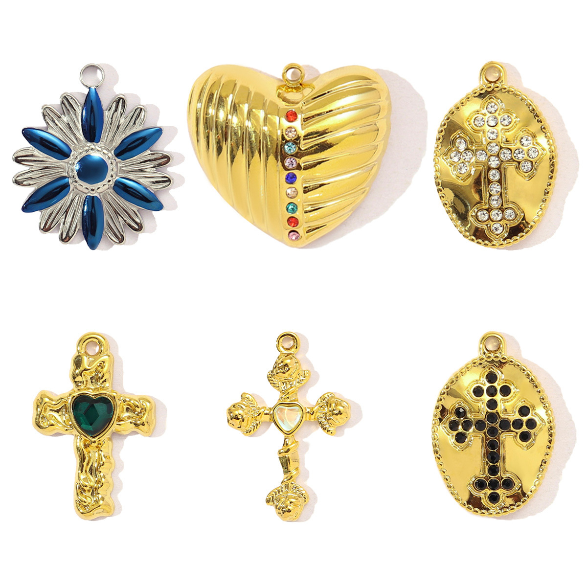 6pcs/pack French Retro Stainless Steel Rhinestone Cross Heart Necklace Pendant Women Daisy Flower DIY Charms Jewelry Wholesale