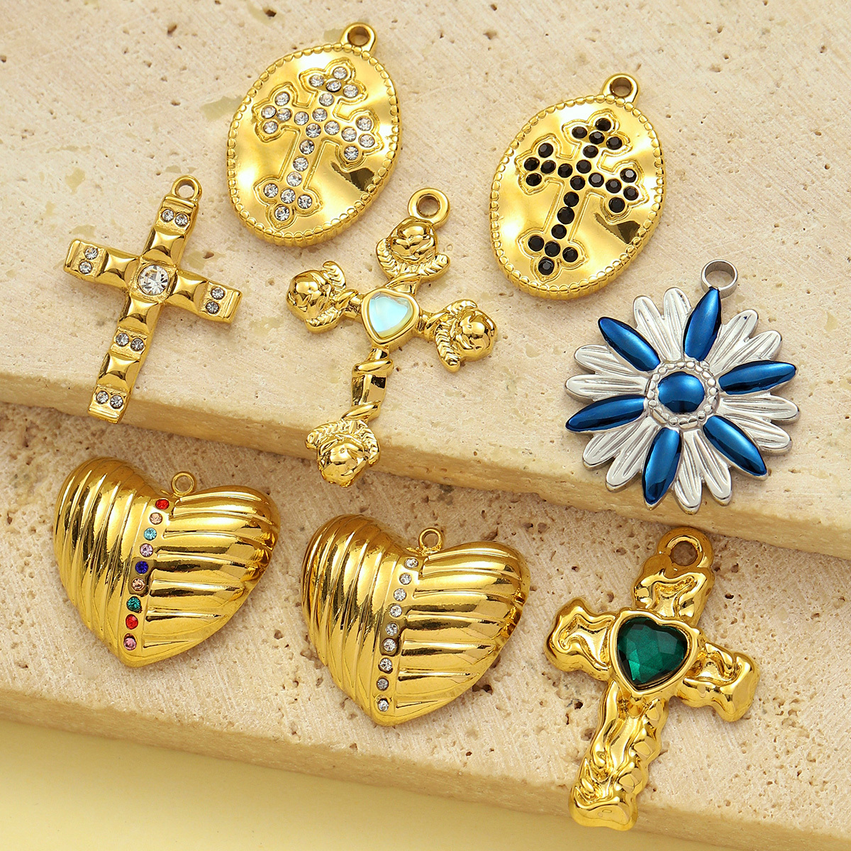 6pcs/pack French Retro Stainless Steel Rhinestone Cross Heart Necklace Pendant Women Daisy Flower DIY Charms Jewelry Wholesale