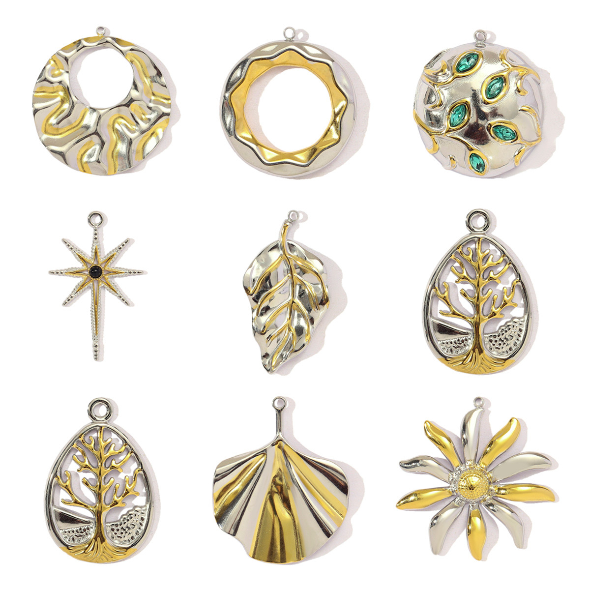 6pcs/pack French Retro Stainless Steel Two Tone Life Tree Leaf Necklace Pendant Women Shell Star Flower DIY Charms Circel Jewelry
