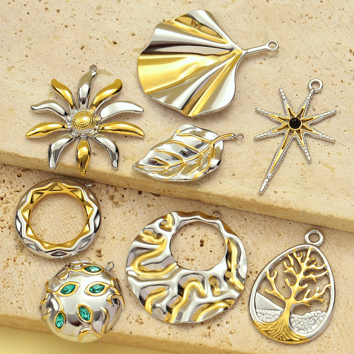 6pcs/pack French Retro Stainless Steel Two Tone Life Tree Leaf Necklace Pendant Women Shell Star Flower DIY Charms Circel Jewelry