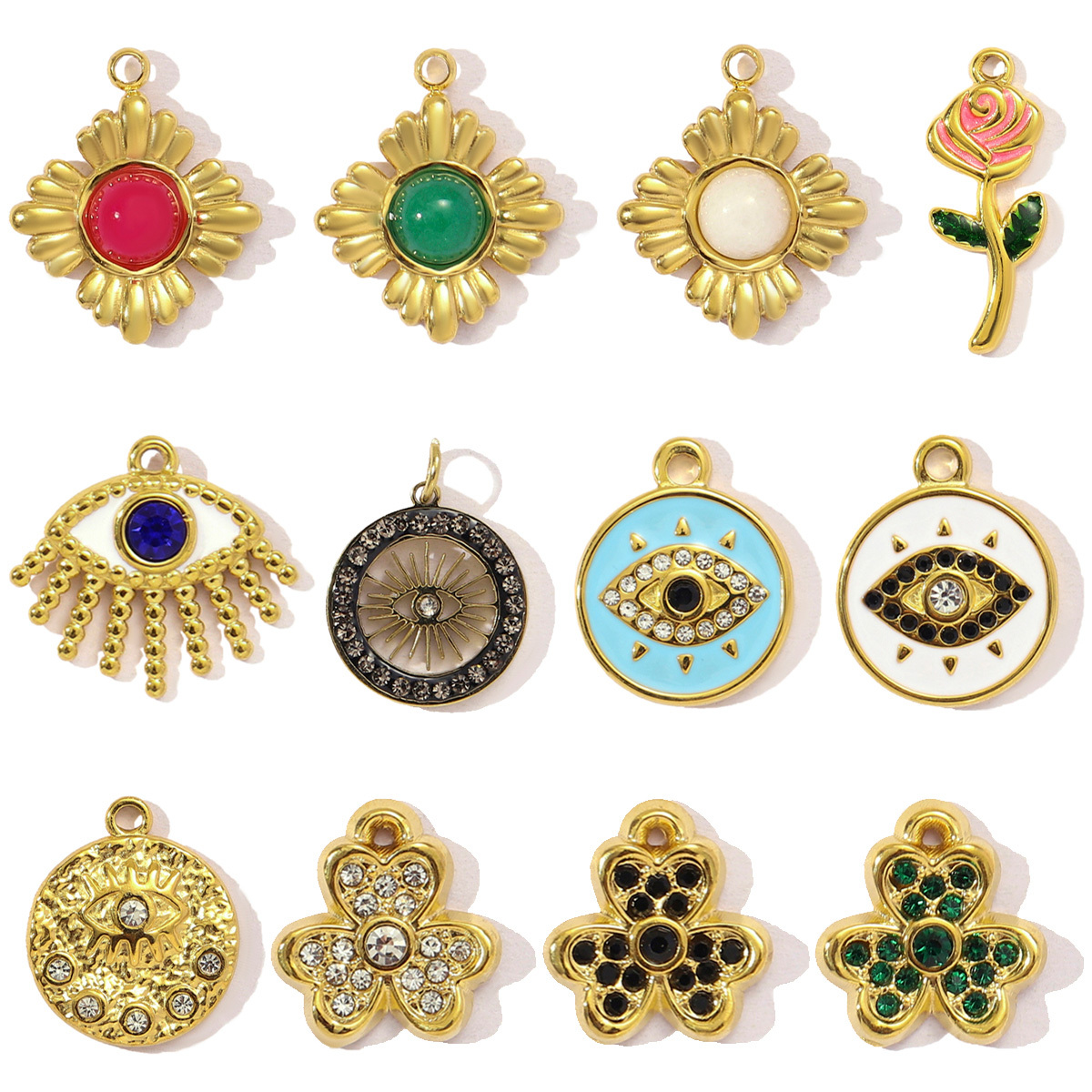 6pcs/pack French Natural Stone Flower Stainless Steel Necklace Pendant Women Crystal Evil Eye Clover DIY Charms Rose Jewelry
