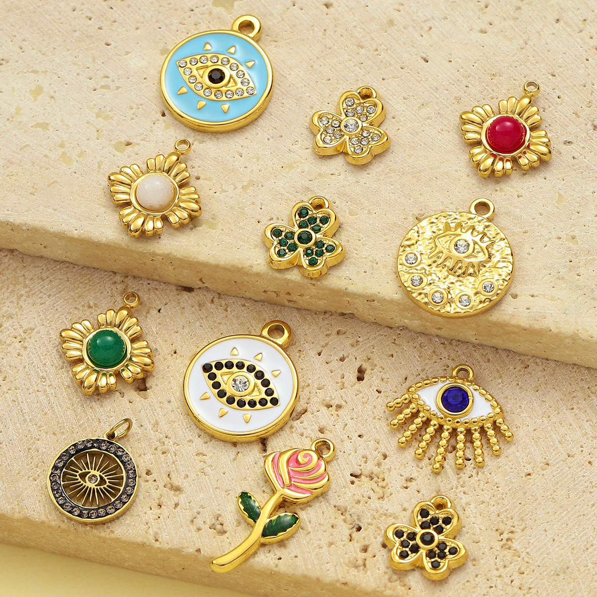 6pcs/pack French Natural Stone Flower Stainless Steel Necklace Pendant Women Crystal Evil Eye Clover DIY Charms Rose Jewelry
