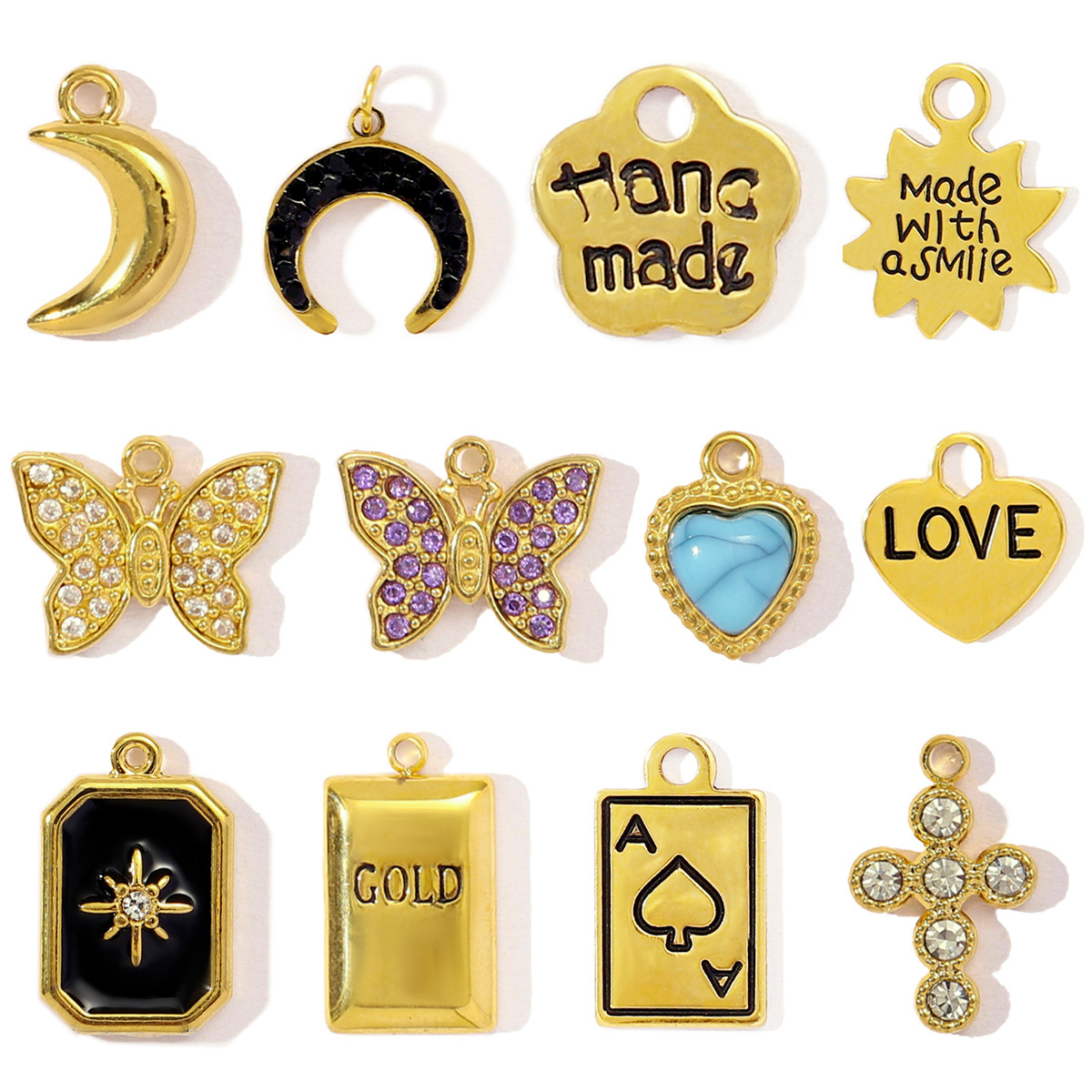 6pcs/pack French Retro Stainless Steel Poker Cross Necklace Pendant Women Butterfly Crescent Moon DIY Charms Love Heart Jewelry