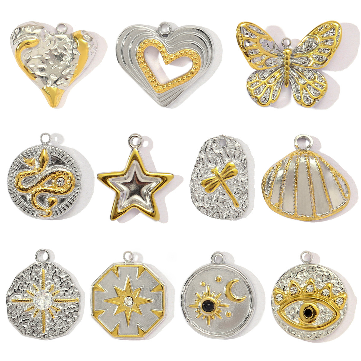 6pcs/pack French Stainless Steel Two Tone Heart Shell Eye Necklace Pendant Women Crescent Moon Star DIY Charms Dragonfly Jewelry