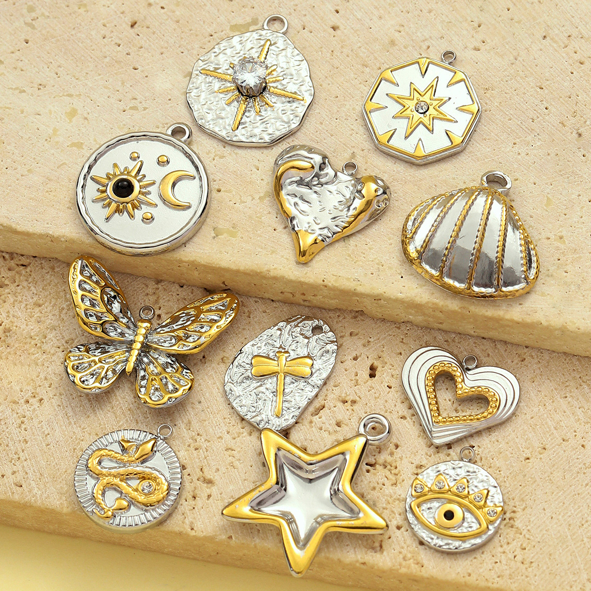 6pcs/pack French Stainless Steel Two Tone Heart Shell Eye Necklace Pendant Women Crescent Moon Star DIY Charms Dragonfly Jewelry