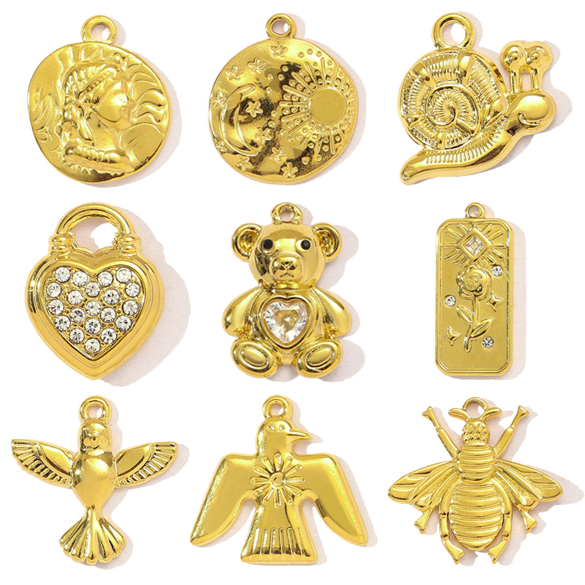6pcs/pack Retro Bear Dove Bee Stainless Steel Necklace Pendant Women Heart Snail Beetle DIY Bracelet Charms Moon Star Jewelry