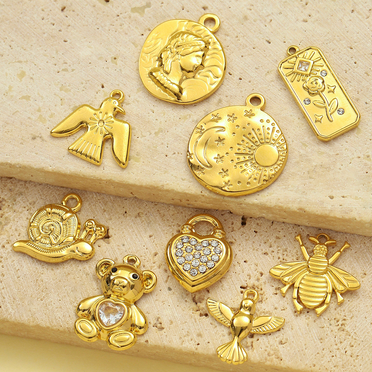 6pcs/pack Retro Bear Dove Bee Stainless Steel Necklace Pendant Women Heart Snail Beetle DIY Bracelet Charms Moon Star Jewelry