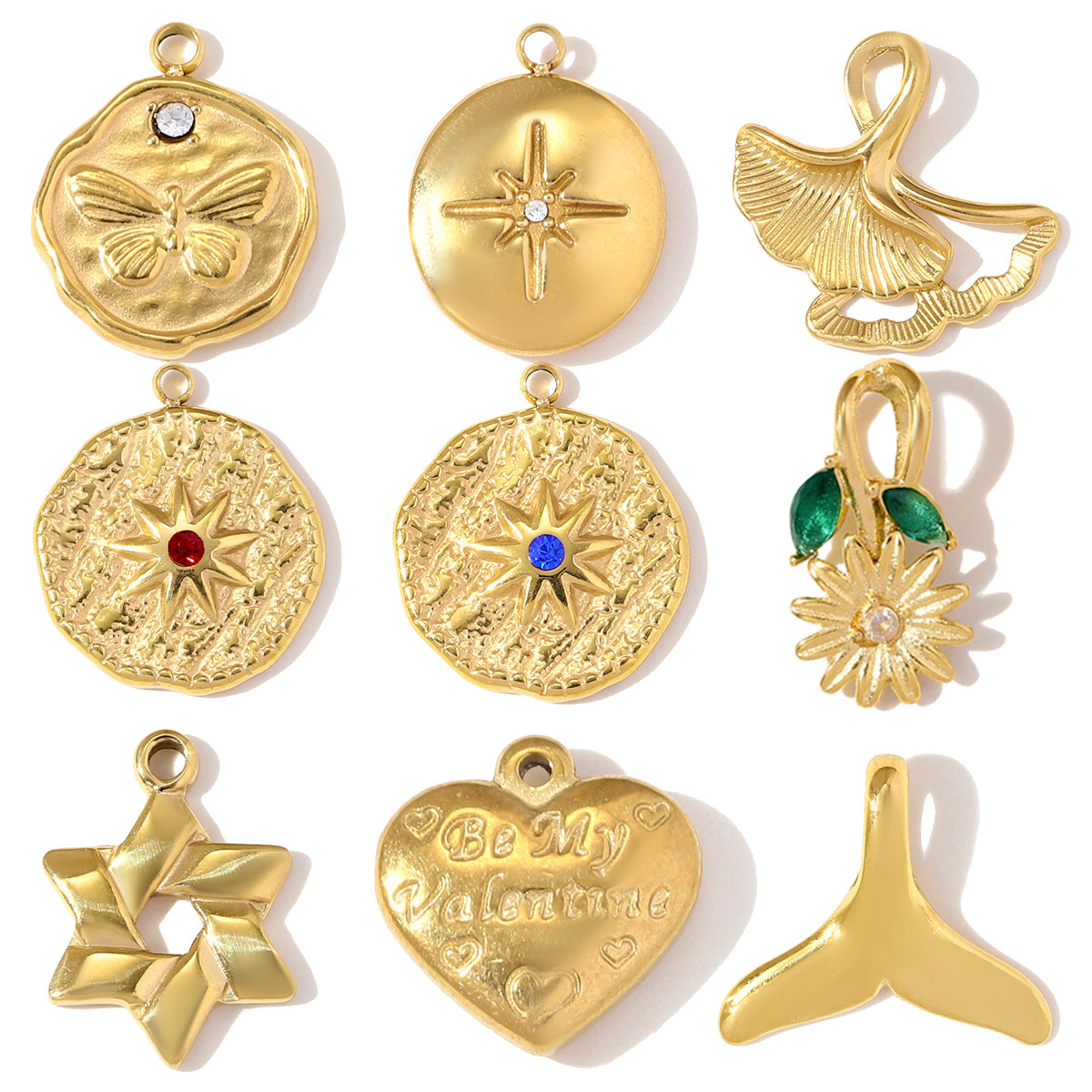 6pcs/pack Stainless Steel Star of David DIY Charm Ginkgo Leaf Sunflower Necklace Pendant Women Whale Tail Heart Jewelry Wholesale