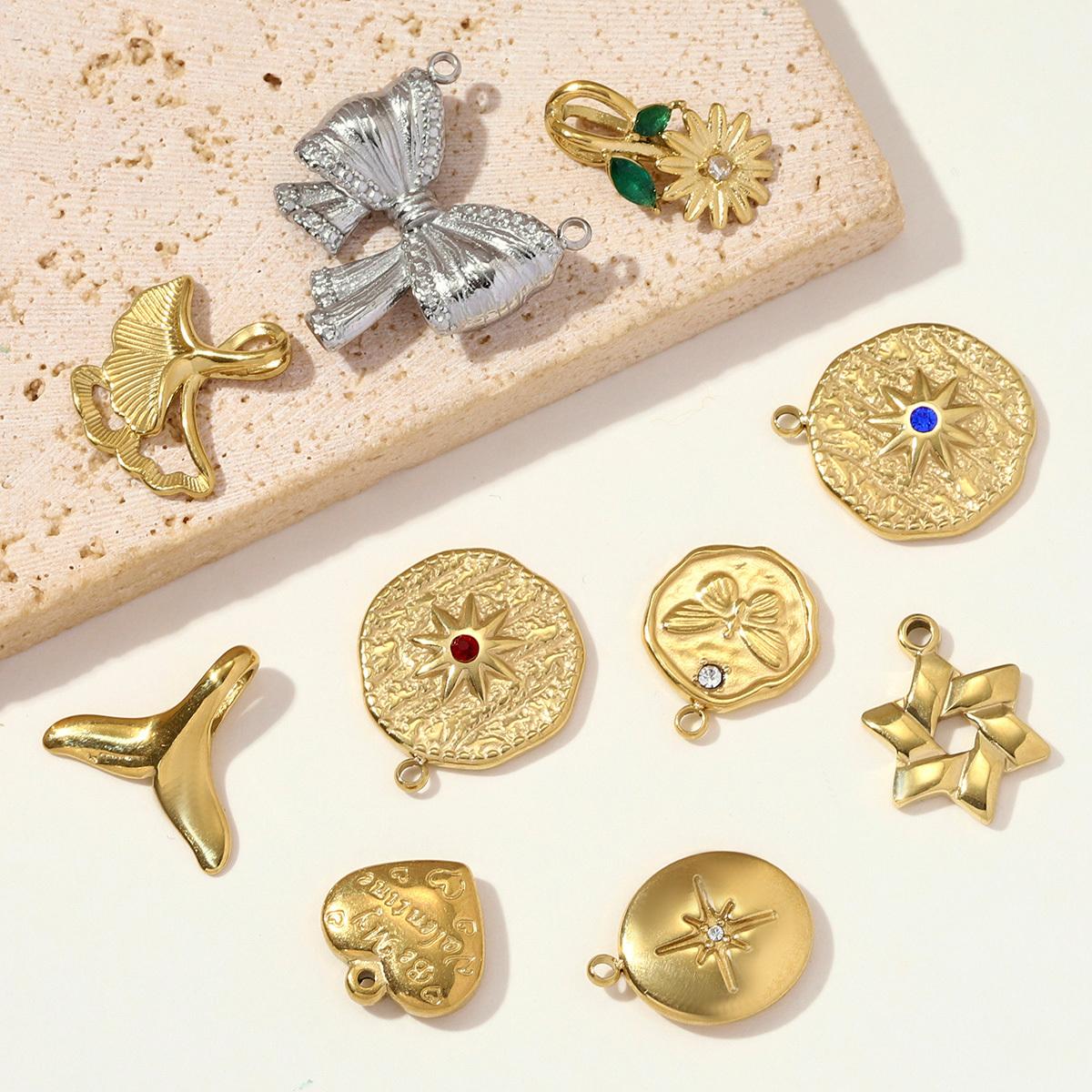 6pcs/pack Stainless Steel Star of David DIY Charm Ginkgo Leaf Sunflower Necklace Pendant Women Whale Tail Heart Jewelry Wholesale