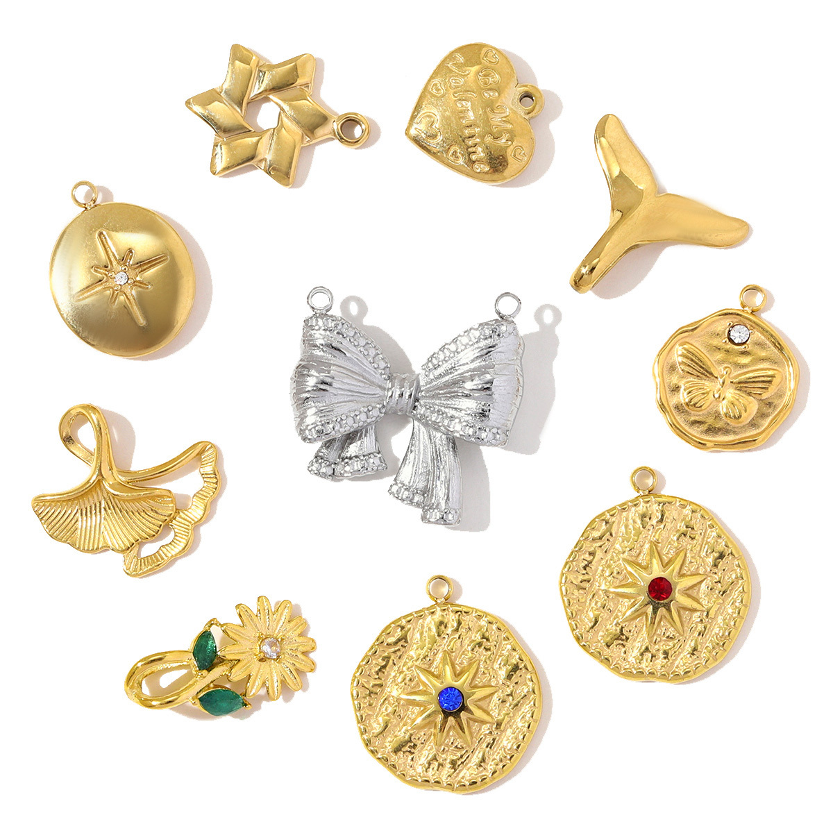 6pcs/pack Stainless Steel Star of David DIY Charm Ginkgo Leaf Sunflower Necklace Pendant Women Whale Tail Heart Jewelry Wholesale